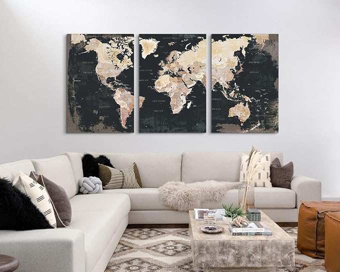 GIFTTWART Office Wall Decor World Map Wall Art Living Room Black And White Pictures Artwork for Walls Vintage Wall Decorations Bedroom Dining Room Art