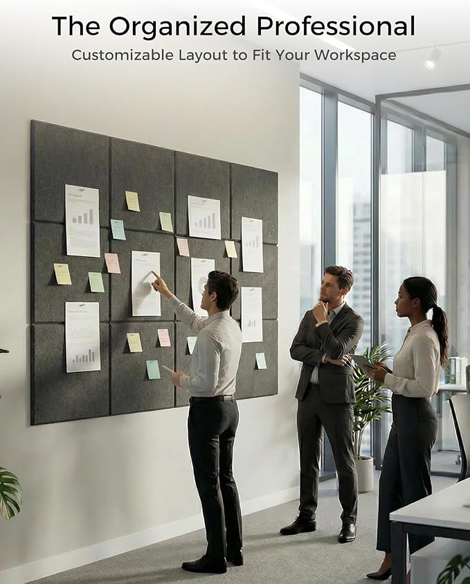 Aothia 12-Pack Felt Bulletin Board Tiles for Walls - 48x36 Modular Bulletin Board, Cork Board Alternative Pin Board for Office & Classroom, 70 Adhesive Tabs & 40 Push Pins Included (Charcoal Gray)
