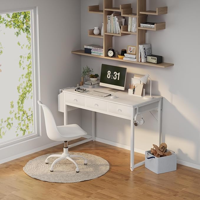 Lufeiya Small White Computer Desk with Drawers for Home Office Bedroom, 40 Inch Vanity Desk with Fabric Drawer Storage and Side Pouch, Study Writing Table, White