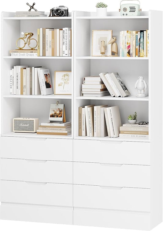 DICTAC Bookcase Set of 2 with 3 Drawers 73.23'' White Bookshelf Storage Cabinets with Shelves and Drawers Kitchen Pantry with Microwave Stand,Storage Organizer for Living Room,Office,Study, Bathroom