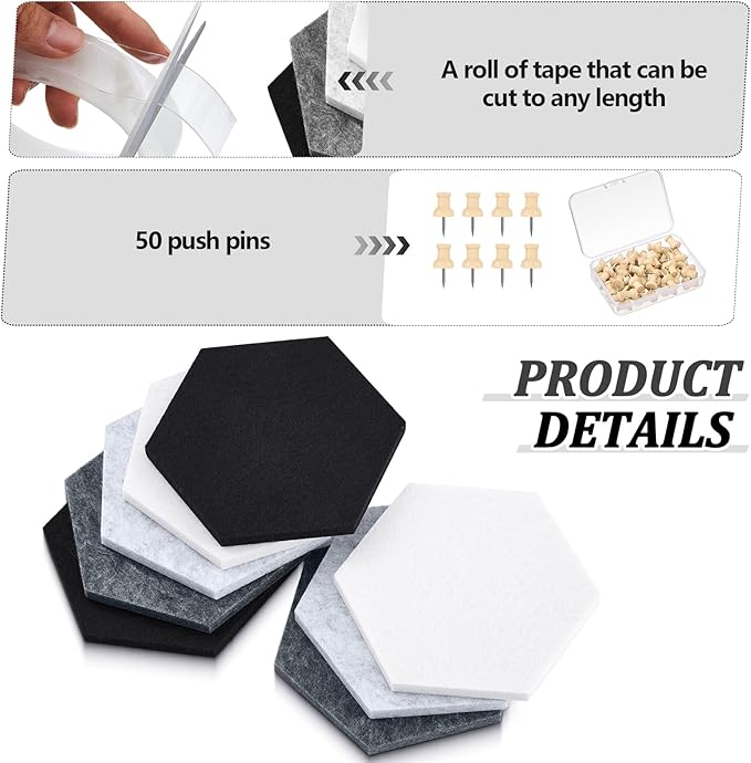 16 Pcs Hexagon Cork Board for Walls with 50 Wooden Push Pins 6.7 x 5.9 in Felt DIY Tiles Notice with Nano Tape Hanging Bulletin Board for Home Photo Office Memo Note(Grey)