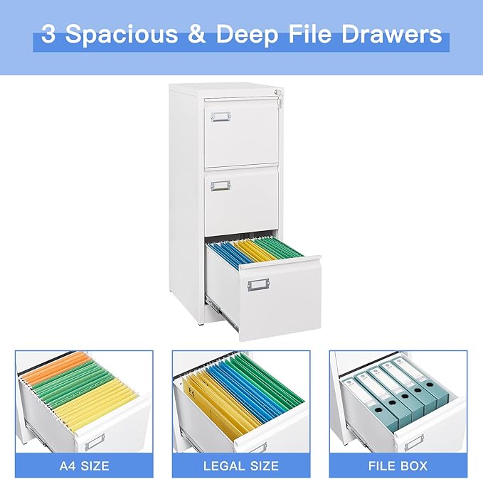 Yizosh 3 Drawer White File Cabinet with Lock, Filing Cabinets for Home Office, Metal Locking Office File Storage Cabinets with Drawers, Vertical Small Filing Cabinet Organizer for Legal/A4