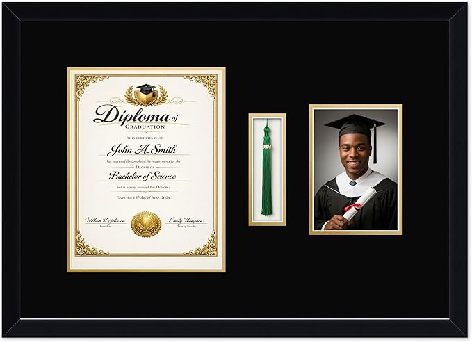CountryArtHouse Diploma Tassel and Photo Shadowbox Fits 8.5 x 11 Certificate (Portrait) with Tassel Hook and Matte Black Genuine Hardwood with Black Over Metallic Gold Double mat