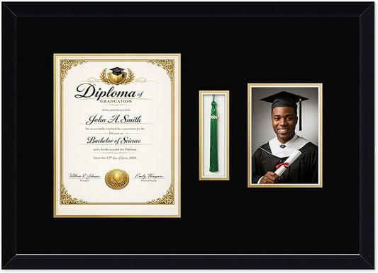 CountryArtHouse Diploma Tassel and Photo Shadowbox Fits 8.5 x 11 Certificate (Portrait) with Tassel Hook and Matte Black Genuine Hardwood with Black Over Metallic Gold Double mat