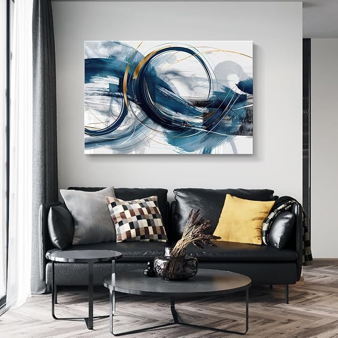 gaosoul Modern Abstract Canvas Wall Art Dynamic Blue Gold Lines Doodled on White Background Paintings Framed Minimalism Artwork Prints for Living Room Bedroom Office Decor 48x32in