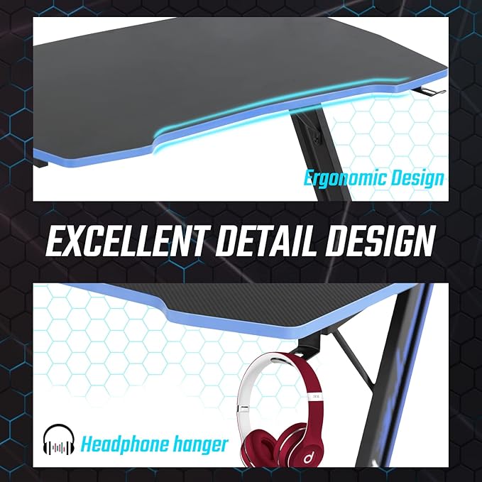 BestOffice Gmaing Desk Z Shaped 39.4in Computer Gaming Workstation Ergonomic Gaming Table with Headphone Hook for Game Players, Blue