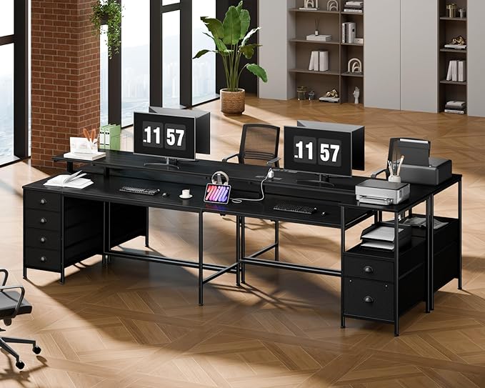 Furologee 95" Two Person Computer Gaming Desk, Long 2 Person Home Office Desk with 6 Drawers & Storage Shelves, Double Table with Power Outlets, LED Lights and Full Monitor Shelf, Black