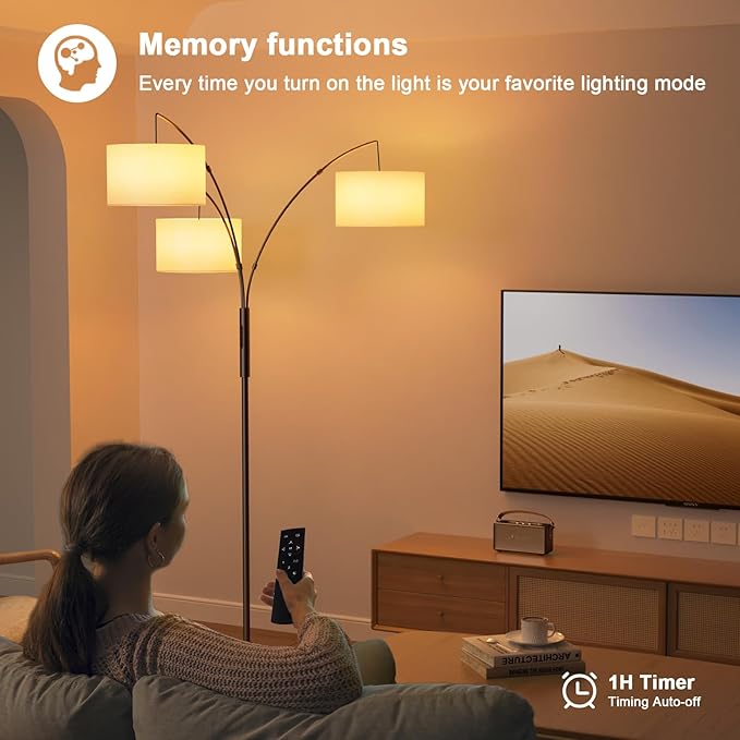 36W RGB Arc Floor Lamp with 3 White Fabric Shades, 3000LM Super Bright Standing Lamp with Remote Control & Touch, Stepless Dimming, Individual Light Control for Living Room, Bedroom