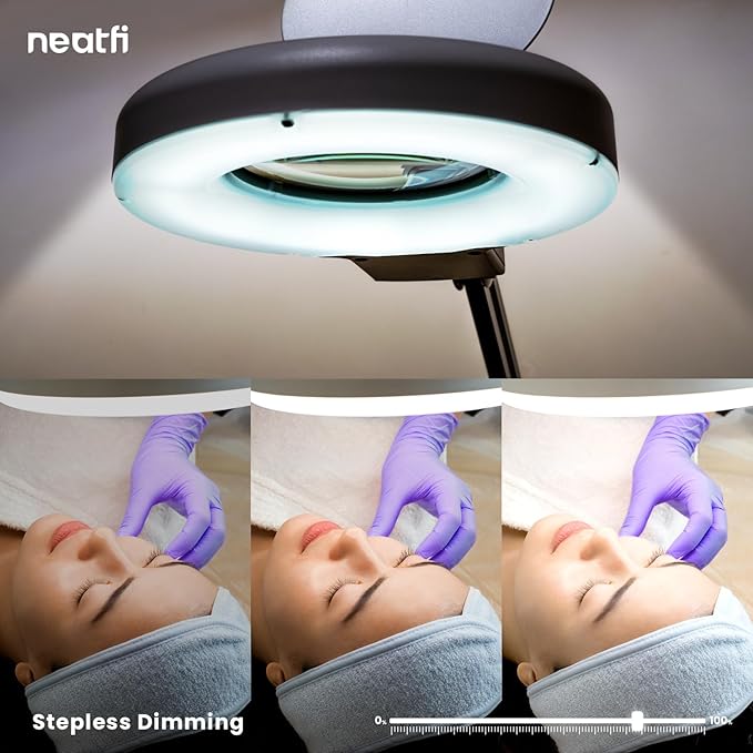 Neatfi LED Magnifying Lamp with Clamp | 12W | 60 SMD LEDs | 1,200 Lumens | Adjustable Step Dimming | 2.25x Magnification Desk Lamp Magnifier for Crafts, Painting, and Hobbies (Black, 5-Diopter)