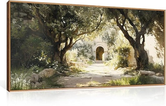 Ausril Garden of Gethsemane Landscape Framed Canvas Wall Art, Jerusalem Town Villages Scenery Prints, Jesus Boho Religious Decor, Christian Bible Art Painting for Bedroom Living Room Office 20"x40"