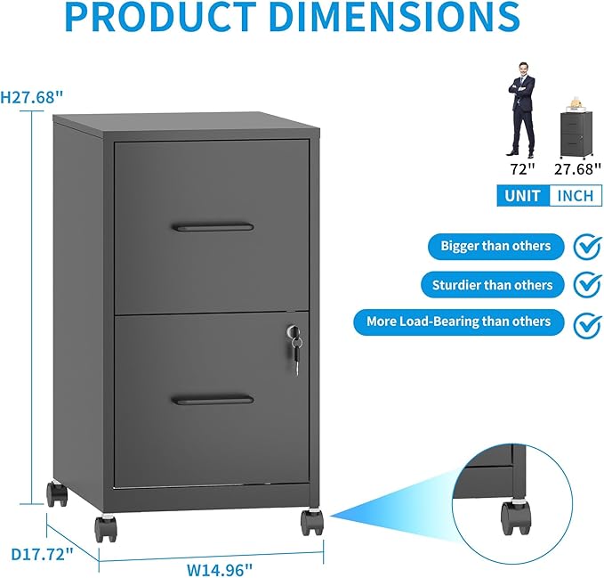 2 Drawer Mobile File Cabinet with Lock and Wheels, Small Vertical Under Desk Steel Rolling Storage Cabinet for Home Office Legal/Letter/A4 Files, Assembly Required (Black)