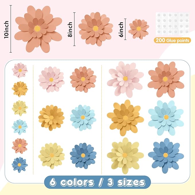 18 Pcs Paper Flowers Decorations for Wall DIY Flower Bulletin Board 3D Fiesta Paper Floral Backdrop Decoration for Photo Backdrop Classroom Back to School Party(Macaron Color)