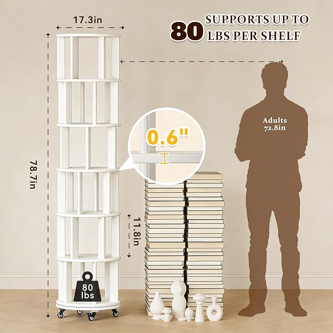 Rotating Bookshelf Tower with Wheels, 6 Tier Walnut Wood Round Spinning Bookshelf Tower, 360° Revolving Bookcase Rolling for Kids Adult, Rotation Book Shelf for Bedroom, Living, Office, Corner, White