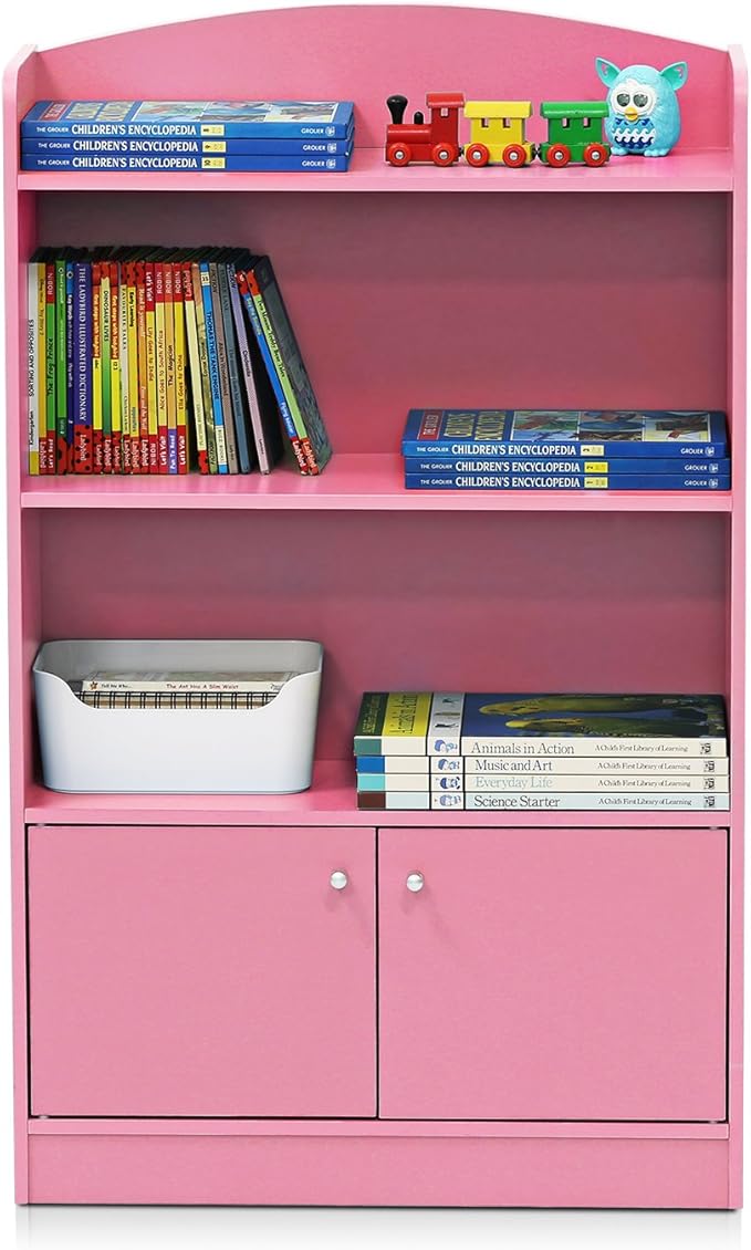 Furinno LOVA Book Shelf, Bookshelf with Storage Cabinet, Bookcase with Door, 11.8 x 23.6 x 37.3, for Living Reoom, Bedroom, Home Office, Pink