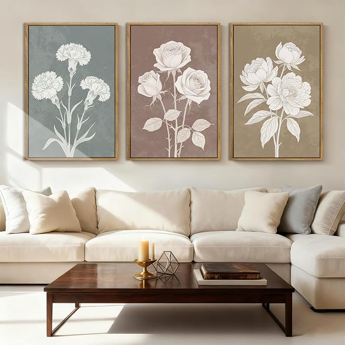 BINCUE Neutral Botanical Wall Art Rustic Floral Paintings Farmhouse Flower Artwork Vintage Plants Wall Decor Framed Flower Artwork Minimalist Floral Artprints for Living Room Bedroom Dining Room 16x24 Inches Set of 3