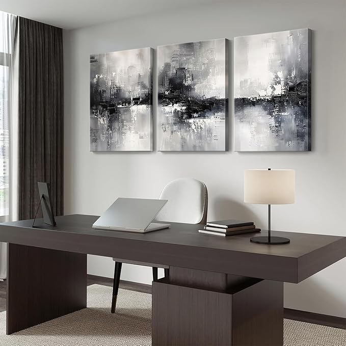 Dytila 3 Piece Large Black And White Abstract Canvas Wall Art for Living Room, Black And Grey Wall Decor, Modern Minimalist Art Print Pictures, Home Artwork - Dining Room Office Framed 16x24 Inch
