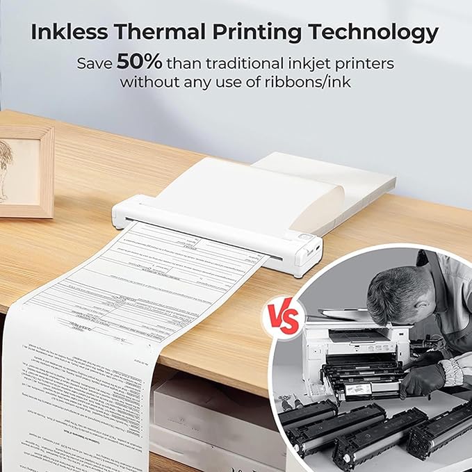Portable Inkless Printer, Wireless Thermal Printer, Support 8.5x11in Letter 2 to 8.5in Width Thermal Paper, High Resolution, 160 Sheets per Charge for Office School Home (White)