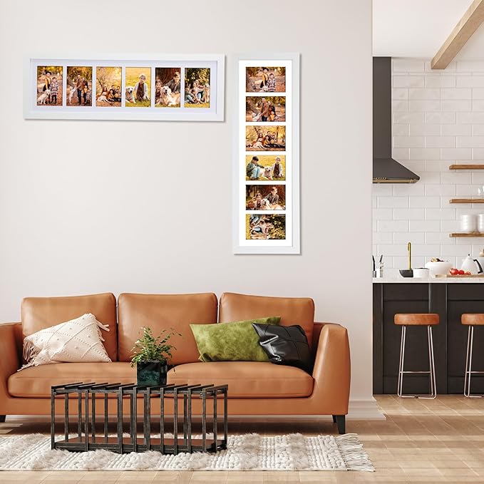 Chunful 2 Pcs 28.4 x 9.5 Inches Collage Picture Frames for Wall Multiple 4 x 6 Inch Wood Picture Frame Display 6 Opening Multi Photo Frame with Acrylic Screens Horizontal and Vertical(White)