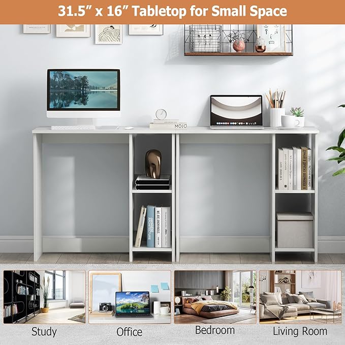 31.5 Inch Small Computer Desk, Wooden Desks for Home Office Small Spaces with Storage Shelves, Modern Simple Style Writing Study Work Desk, Compact White Desk