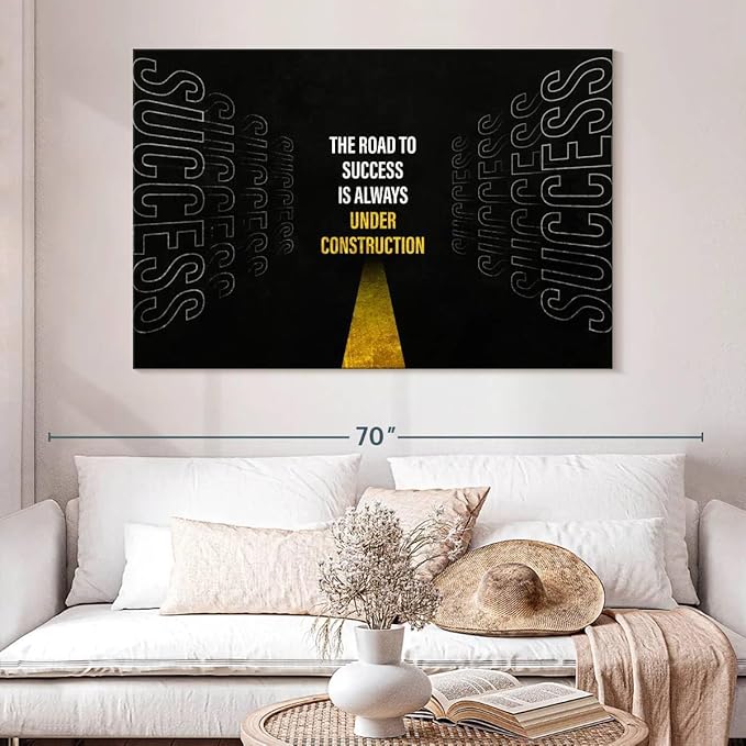 ElephantStock - Work On Your Road To Success Wall Art - Horizontal Canvas Wall Art - Home Office Wall Decor - Digital Art Inspirational And Typography Canvas Art - Black And White Decor - 51" x 34"