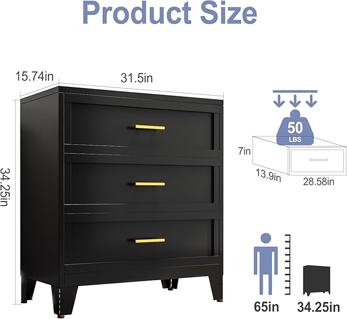 3 Drawer Metal File Cabinet, Bedroom Dresser Drawers, Multi-Functional Accent Drawers Cabinet, Lateral File Cabinets for Collection and Storage Small Size Files (Black)