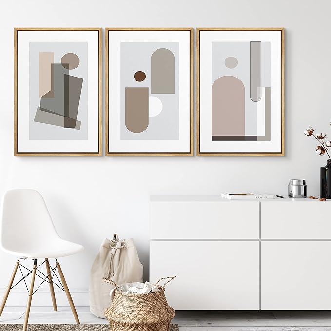 SIGNFORD Framed Wall Art Print Set Small & Large Transparent Polygons Abstract Shapes Digital Art Modern Art Contemporary Colorful for Living Room, Bedroom, Office - 16"x24"x 3 Natural