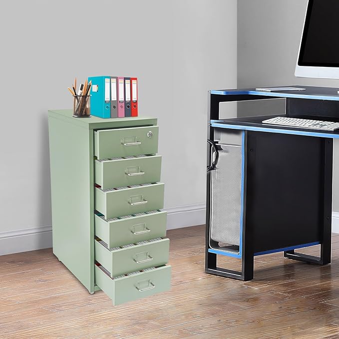 6 Tiers Vertical File Cabinet, Metal File Cabinet with Lock & Wheels for Files, Documents, Freestanding Filing Cabinet for Office Home, Multiple Colors Available (Green)