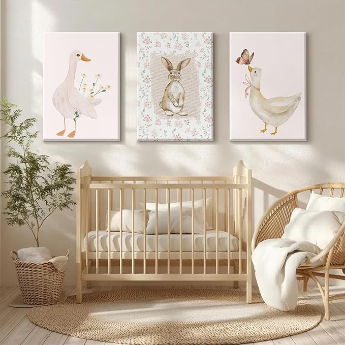 Vintage Nursery Wall Art Goose Canvas Poster Coquette Wall Decor Baby Girl Painting Kids Poster Bunny Rabbit Prints Cute Animal Pictures Duck Artwork for Bedroom Living Room 16x24x3 Inch Ready to Hang