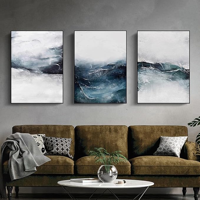 ARTKN Abstract Wall Art 3 Piece Large Framed Canvas Wall Art for Living Room Bedroom Home Office Modern Blue Seascape Decorative Paintings Ocean Theme Poster Prints(Blue, 24" X 32" X 3 Pieces)