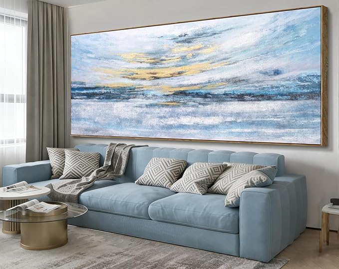 Nicetop 86x39 Extra Large Abstract Ocean Sunset Wall Art, Hand-Applied Gold Foil & Hand-Painted Texture, Serene Coastal Oil Painting, Natural Wood Frame, Modern Decor for Living Room Bedroom Office