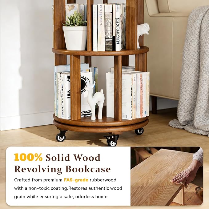 Rotating Bookshelf Towers Solid Wood Revolving Bookcase 6 Tier Tall Spinning Book Rack on Wheels Vertical Corner Book Organizer for Small Apartments, Bedrooms, Living Rooms, Reading Nooks, Hallways