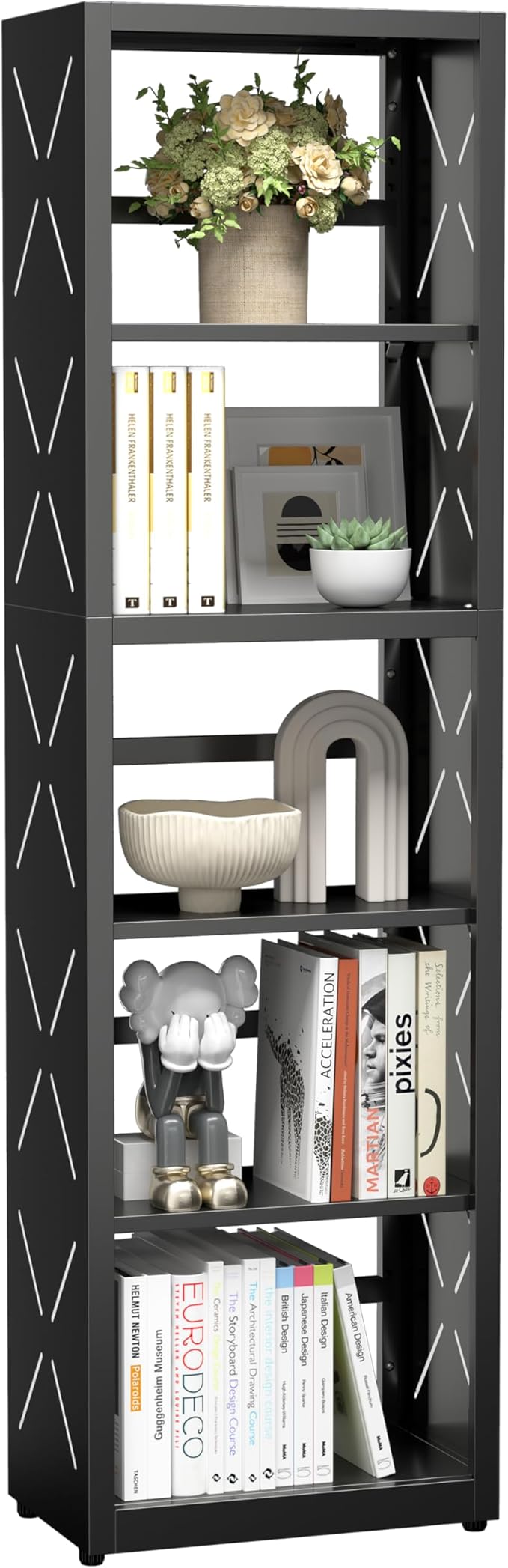 5 Tier Bookshelf, 55"Tall Metal Bookcase with Adjustable Shelves, Modern Display Book Shelf, Black Bookcase Shelf, Utility Shelf, Storage Shelves for Office, Living Room, Kitchen, Study-16"W