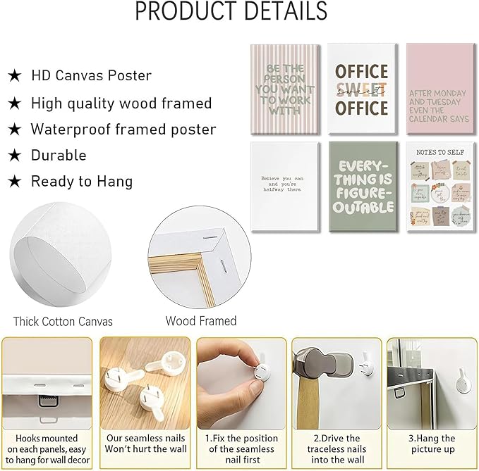 Office Inspirational Wall Art,Teamwork Motivational Wall Decor for Office,Workplace Canvas Wall Art Set of 6,Inspiring Quotes Poster Prints 8x10In Unframed