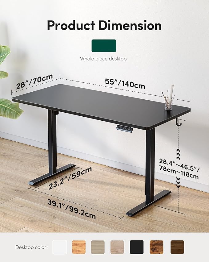 CubiCubi 55 x 24 Large One-Piece Standing Desk, Adjustable Height Electric Computer Home Office Sit Stand up Workstation, with 4 Memory Presets, Headphone Hook, Black