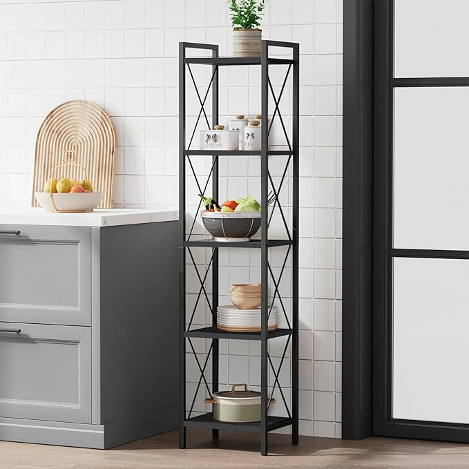 Homhedy 5 Tier Bookshelf, Tall Narrow Bookcase for Small Space, Metal Storage Book Shelf, for Home Office, Living Room, Kitchen, Bedroom, Industrial Style, 10.4" D x 13" W x 55.1" H, Black