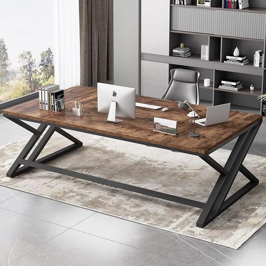 HSH Rustic 70.8" Computer Desk, Extra Large Industrial Home Office Desk, Long Modern Work Executive Pc Desk Study Writing table, Dual monitor Metal Wood Double Workstation for Two Person, Rustic Brown