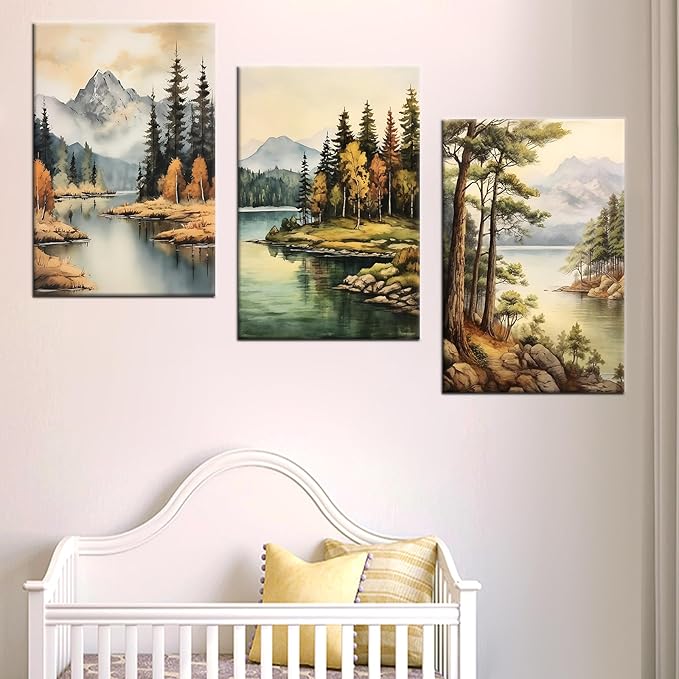 Forest Canvas Wall Art Mountain Green Trees Lake Landscape 3 Pieces Painting Posters Abstract Theme HD Picture Print Artwork for Modern Home Bedroom Living Room Hotel Ready to Hang [48''Wx24''H]