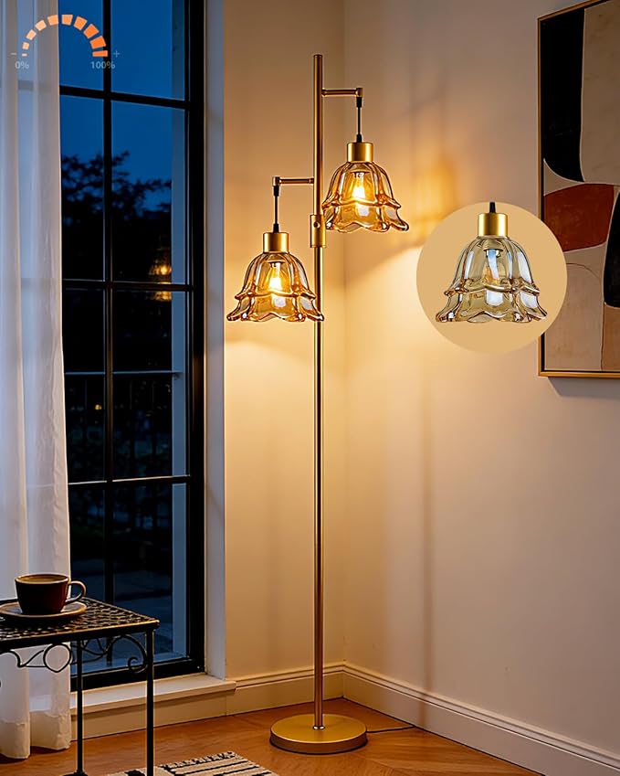 Lightdot 65IN Gold Flower Floor Lamp for Living Room, 2-Light Dimmable with Amber Glass Lampshade, 3000K Warm White Modern Standing Tall Lamp for Bedroom Sofa Beside Corner Decor