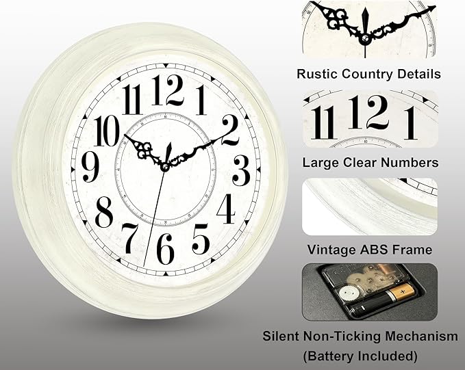Vintage Wall Clock 16 Inch Quartz Silent Non-Ticking Analog Clock Battery Operated Rustic Round Decorative Clock for Living Room Kitchen Home Office Classroom