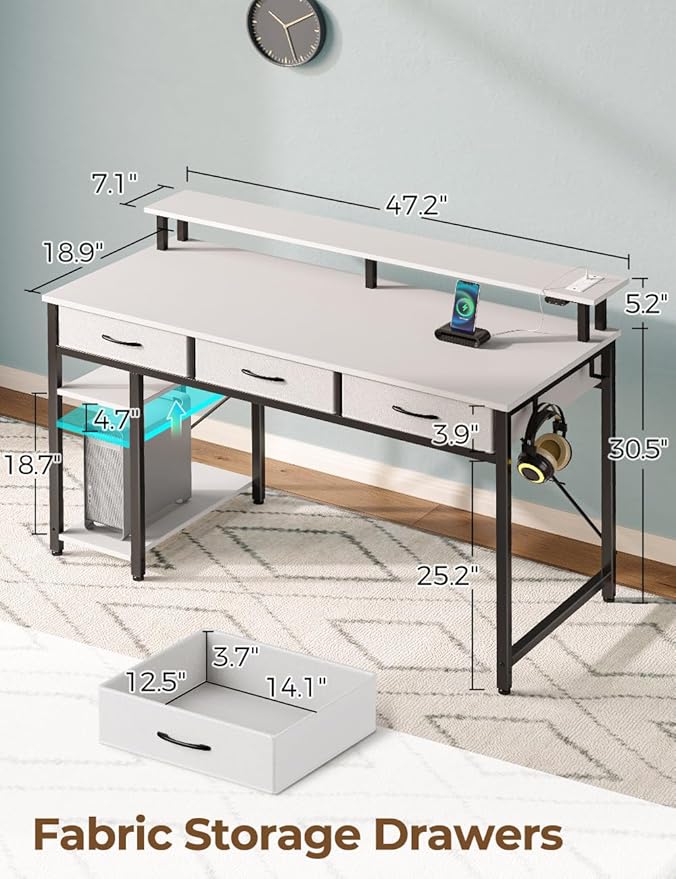 Rolanstar Computer Desk with Power Outlets & LED Light, 47 inch Home Office Desk with Drawers and Storage Shelves, Writing Desk with Monitor Stand, Modern Work Study Desk for Home Office, White