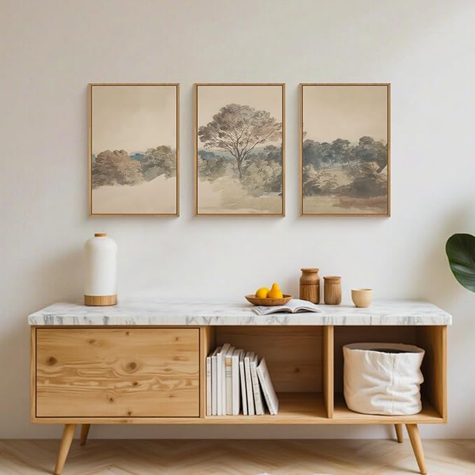 Abstract Hazy Forest Landscape Framed Canvas Wall Art Set,Vintage Natural Earth Tone Woodland Wall Decor,Neutral Wilderness Trees Botanical Artwork for Living Room, Bedroom,Farmhouse-16 x24 x3
