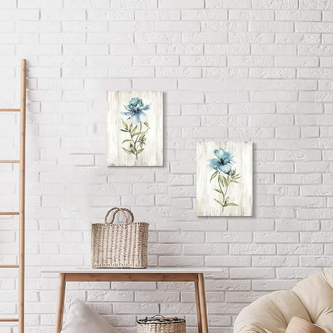 Flower Painting Canvas Wall Art: Blue Botanical Floral Artwork Wildflower Picture Print for Living Room (12'' x 16'' x 2 Panels)