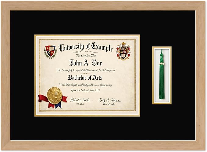 CountryArtHouse Diploma and Tassel Frame Fits 11 x 8.5 US Letter Certificate with Tassel Hook Natural Wood Genuine Hardwood Shadowbox with Black Over Metallic Gold Double mat