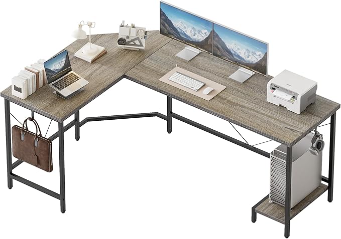 Mericonia 50 inch Large L Shaped Desk, Simple Corner Gaming Desk with CPU Stand & Hooks, Computer Desk for Home, Bedroom & Office Workspace, Grey