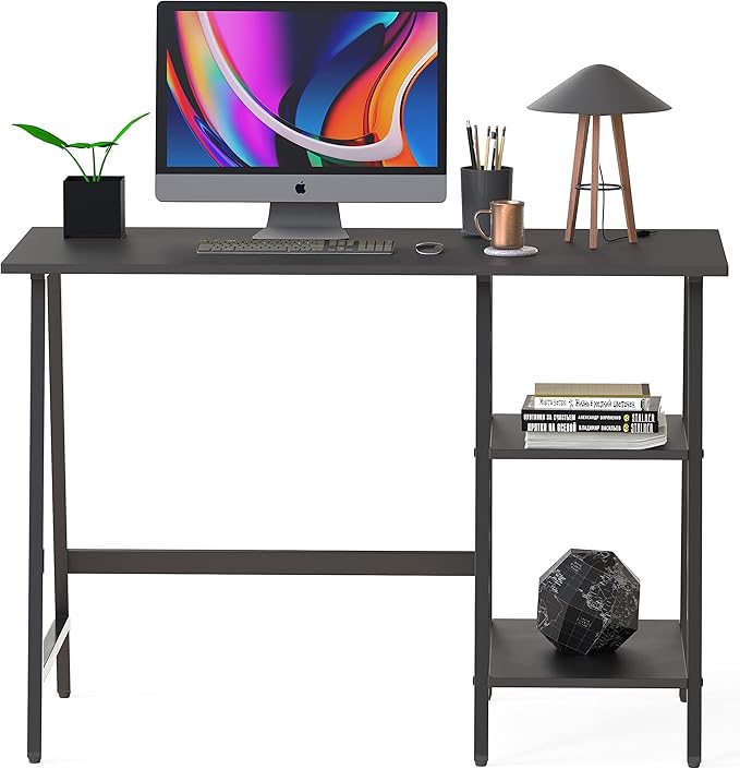 SHW 43-Inch Home Office Trestle Computer Desk with Open Storage Shelves, Black