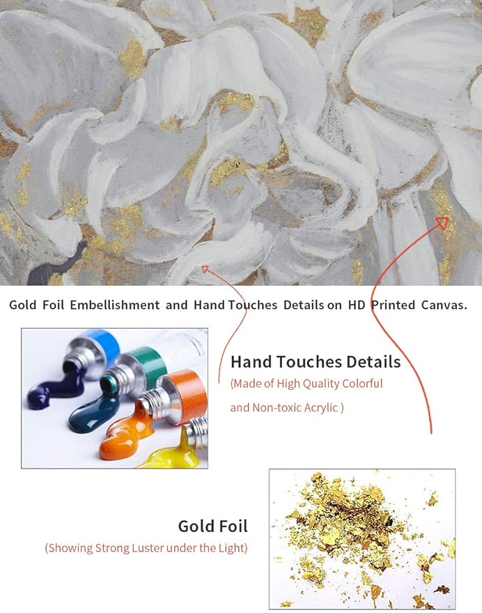 Goldfoilart Floral Wall Art White Blooming Flower Canvas Pictures Modern Paintings with Gold Foil Framed Artwork for Living Room Bathroom Bedroom Kitchen Office Wall Decor 24" x 24"