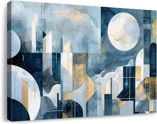 gaosoul Modern Abstract Canvas Wall Art Blue Artistic Cityscape Geometry Paintings Framed Minimalism Stylish Artwork Prints for Living Room Bedroom Office Decor 36x24in