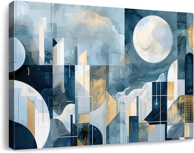 gaosoul Modern Abstract Canvas Wall Art Blue Artistic Cityscape Geometry Paintings Framed Minimalism Stylish Artwork Prints for Living Room Bedroom Office Decor 48x32in