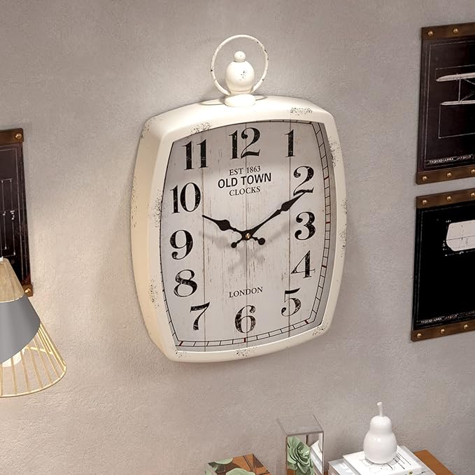 Menterry Large Retro Rectangle Wall Clock, White Antique Vintage Style, Battery Operated Silent Decor Wall Clocks for Living Room,Farmhouse,Kitchen,Office (15.5" H x 10.2" W)