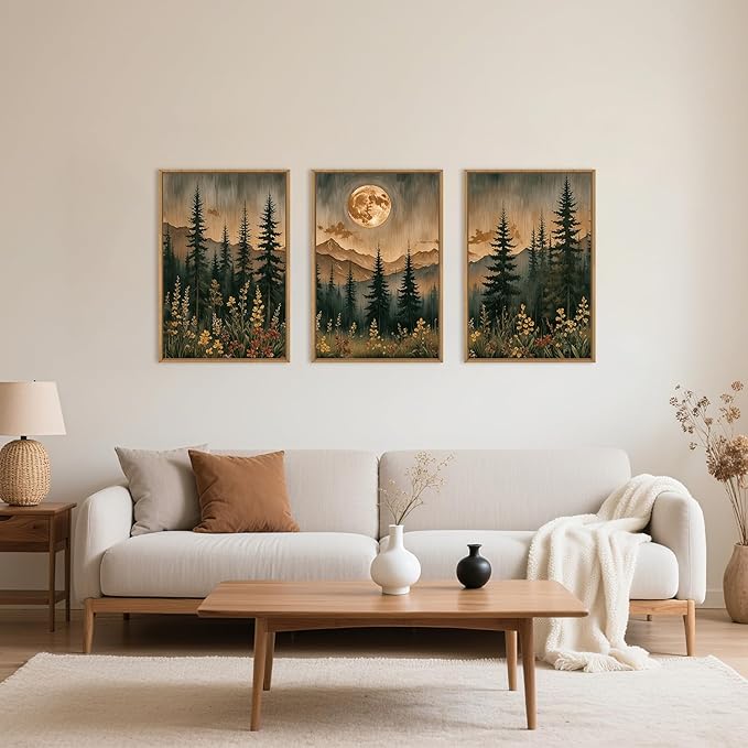 HOURIA Vintage Boho Nature Moonlight Forest Mountain Framed Canvas Wall Art Set,Wilderness Dark Moon Woodland Floral Decor,Retro Wildflower Field Landscape Artwork for Living Room,Farmhouse-24 x36 x3